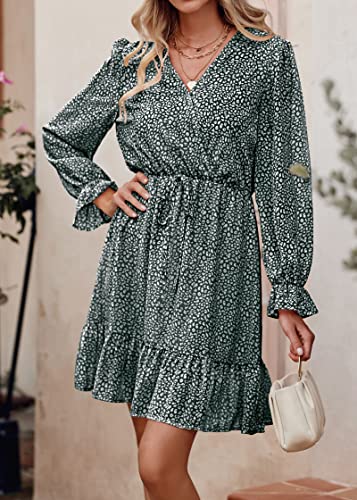 Image of KIRUNDO Women Casual Summer Fall Dresses Long Sleeve Floral Wrap V Neck High Waist Ruffle Tiered A Line Flowy Mini Dress(Dark Green, Large)