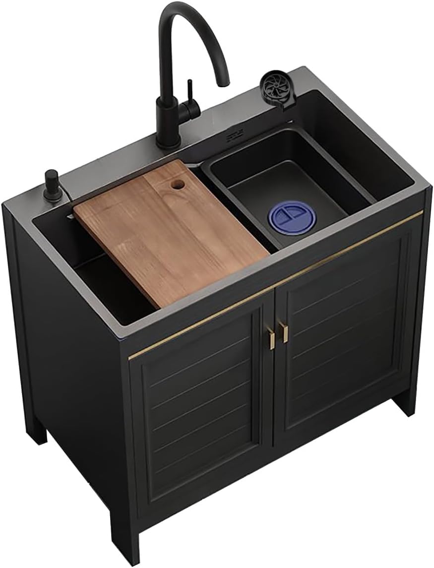 ZQFHSX Free Standing Black Kitchen Sink Cabinet with Glass Rr Commercial Industrial Prep & Utility Washing Hand Basin for Laundry 80x45x80cm