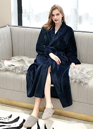 Women Robes Long Soft Plush Warm Comfy Bathrobe for Ladies Sleepwear (Navy Blue, S/M) - Thumbnail 6