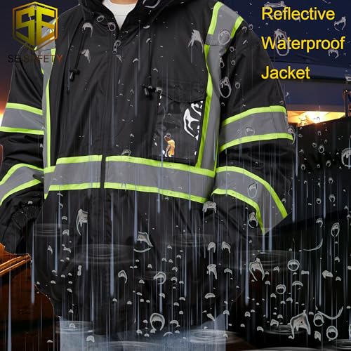 Image of sesafety Reflective Jacket for Men, High Visibility Jackets, Safety Jackets for Men, Hi Vis Construction Bomber Jackets Waterproof with Pockets and Zipper, Black Bottom, Class 3