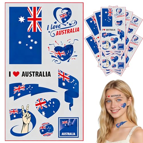 10 Sheets Australian Flag Temporary Tattoo for World Cup Football 2026 Decoration Australia Flag Tattoo Transfer Stickers Patriotic Tattoos for National Day Support Event Australian Party Decorations