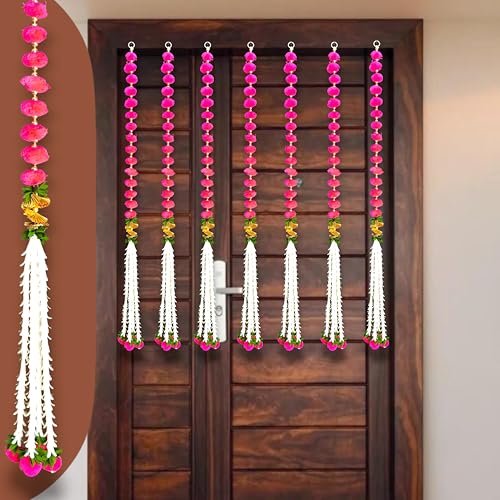 Image of iHandikart Decorative Pack of 2 Pink Pom-Pom Wall Hanging, 39 Inch Long Pom-Pom & Beads Strings for Home, Balcony & Festive Decor, Ideal Entrance Decoration & Housewarming Gift (RK-155-2-Pink)