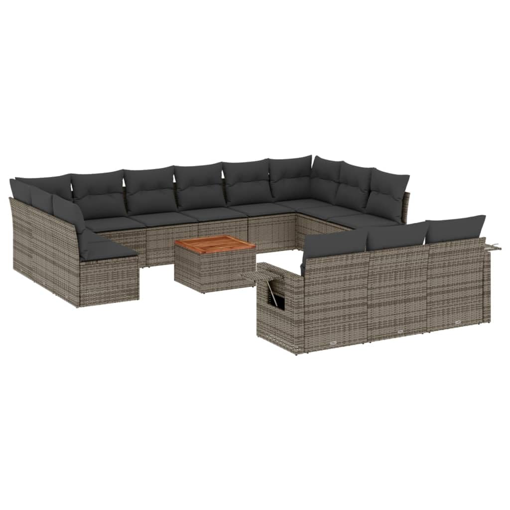 Set da 14 pezzi in polyrattan grigio con cuscini, divano da giardino modulare con ripiani pieghevoli e tavolo in legno di acacia, rivestimenti sfoderabili e lavabili