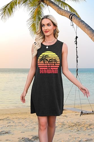 Image of MYHALF Summer Tank Dress for Women Sleeveless Beach Vacation Sundress Short Coconut Tree Sun Dress Casual Coverup