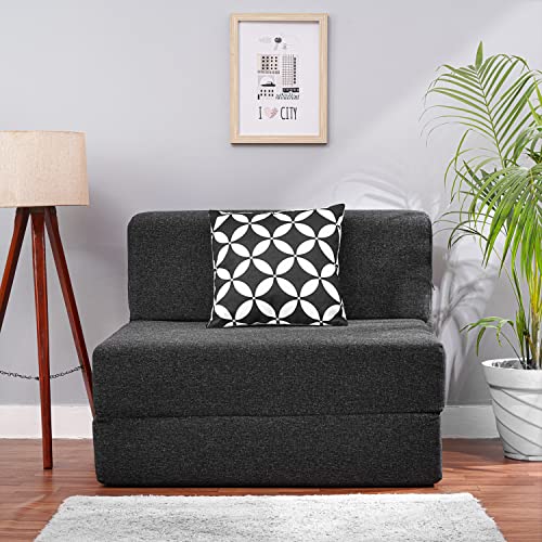 Image of Convertible Fabric Sofa Cum Bed | Foldable Double Foam & Washable Cover with Cushions | Modern Design Use Living Room & Guest Room (Dark-Grey-Multi-Star, 3X6 Ft)