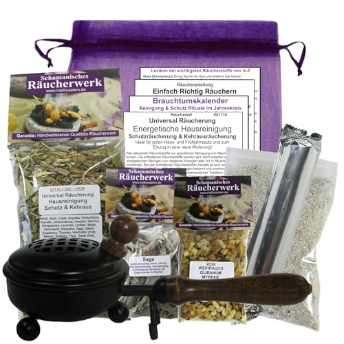 ENERGETISCHE HAUSREINIGUNG + SCHUTZRÄUCHERUNG + KEHRAUSRÄUCHERUNG. 11-TLG Universal Räucherset. 3 x Räucherwerk mit Salbei Sage Weihrauch Olibanum Myrrhe UVM. 8 x ZUBEHÖR 8cm Räucherpfanne. 81716-P