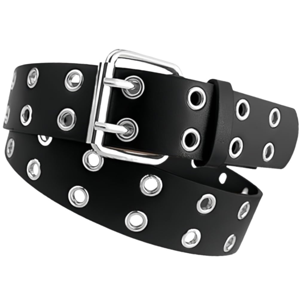 Sdxcjy Unisex Black Double Grommet Punk Rock Belt Double Hole Rivet Belts - Edgy Pu Leather Accessory For Men & Women's Jeans, Perfect For Goth, Punk Styles And Halloween (Black)