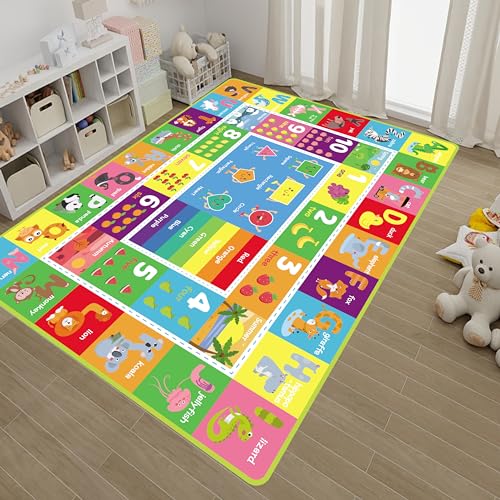 ABC Kids Rug, Cute Educational Kids Rug for Playroom, Non Slip Classroom Carpet for Learning ABC Animal, Number, Month, Shape and Color, Playmat for Nursery Baby (Blue, 3.3 x 5 feet)