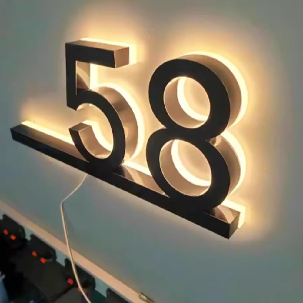 Números de casa LED personalizados, placa de dirección iluminada, retroiluminación metálica, placa metálica con retroiluminación (2 dígitos, 20 cm)