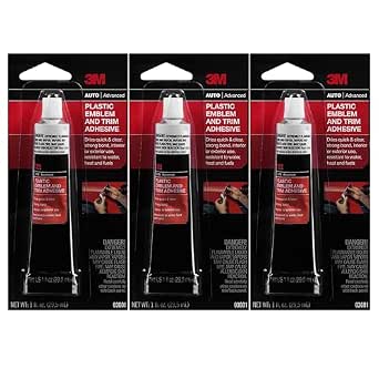 3M Plastic Emblem & Trim Adhesive (03601), 1 fl oz Tube (Pack of 3) – Clear Quick-Drying Auto Glue for Plastic & Metal Emblems, Interior/Exterior Trim, Weather-Resistant