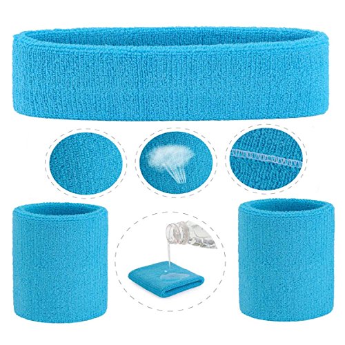 Image of ONUPGO Sweatband Set Sports Headband Wrist Striped Sweatbands Terry Cloth Wristband Athletic Exercise Basketball Wrist Sweatband and Headbands Moisture Wicking Sweat Absorbing Head Band Neon Blue