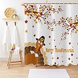 GKLEASG Happy Thanksgiving Shower Curtain, Turkey Maple Leaf Autumn Fall Harvest Funny Machine Washable Waterproof Fabric for Bathroom Bathtub Decorations with Hooks 72x72
