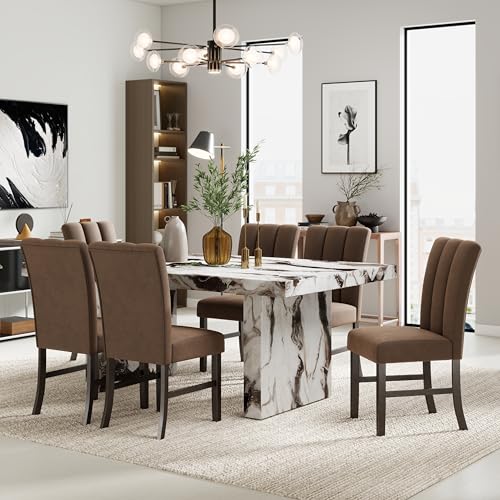 Image of Roundhill Furniture Cavira 7-Piece Modern Faux Marble Dining Set, Double Pedestal Table with 6 Upholstered Chairs