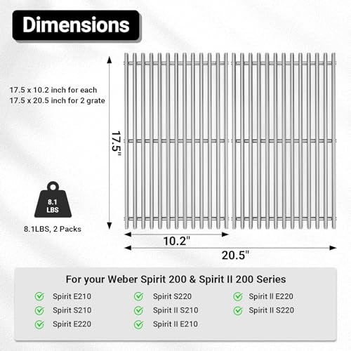 Uniflasy 44.5 x 26cm 7637 Edelstahl Grillrost für Weber Spirit I & II E210, E220, S210, S220 (mit vorderen Brennerknöpfen), Grillrost Ersatzteil für Weber Spirit Ⅰ&Ⅱ 200 Serie, 2 Stück