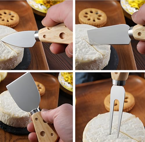 yekulanyue Cheese Knife Set with Wooden Stand, 5pcs Stainless Steel Knives, Wooden Handles with Swiss Cheese Design - Image 4
