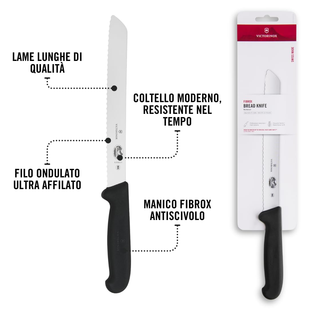 Victorinox Fibrox, Coltello da Pane con Filo Ondulato, Coltello affilato per Dolci e Pane, 21 cm, Lama Lunga, Acciaio Inossidabile, Nero