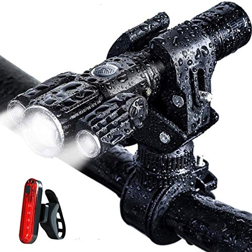 自転車 ライトUSB充電式 LED調整可能な焦点長,き テールライト付きサイクリング アルミ合金製 懐中電灯兼用,IPX6防水 防振 360°回転自転車ライトセット,キャンプ/屋外サイクリング/釣り/停電/地震高輝度800ルーメン緊急灯