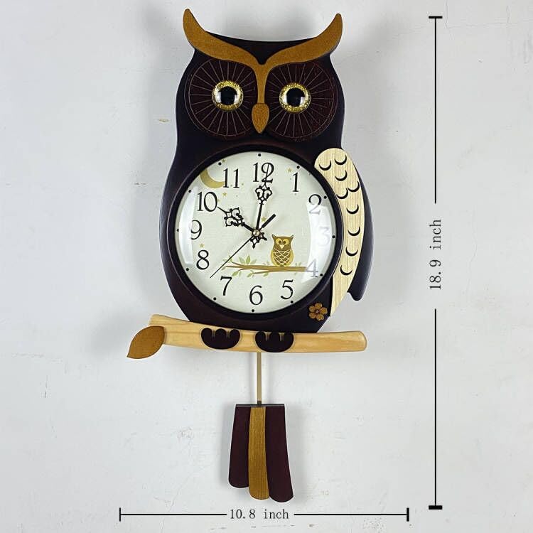 Owl Shaped Battery Operated Pendulum Wooden Wall Clock Non-Ticking Silent for Living Room