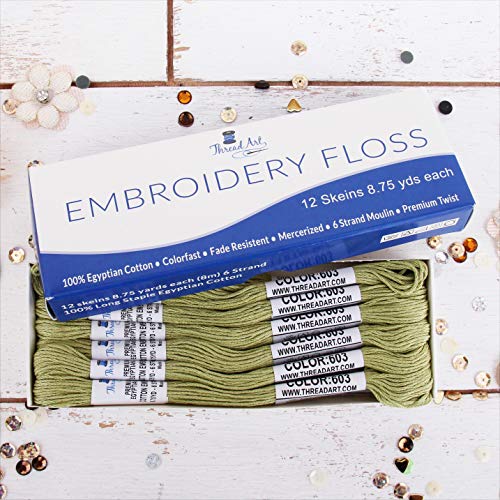 Image of 12 Skeins ThreadArt Cotton Embroidery Floss, Moss Green | Long fiber cotton embroidery floss for cross stitch, hand embroidery and bracelets. Six-strand floss separates easily.