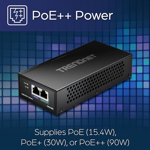 Image of TRENDnet 2.5G PoE++ Injector, TPE-219GI, Supplies (90W), (30W),(15.4W), 2.5GBASE-T RJ-45 Port, IEEE 802.3bt /802.3at /802.3af Compliant, Metal Housing, Network a Device up to 100m (328 ft.), Black