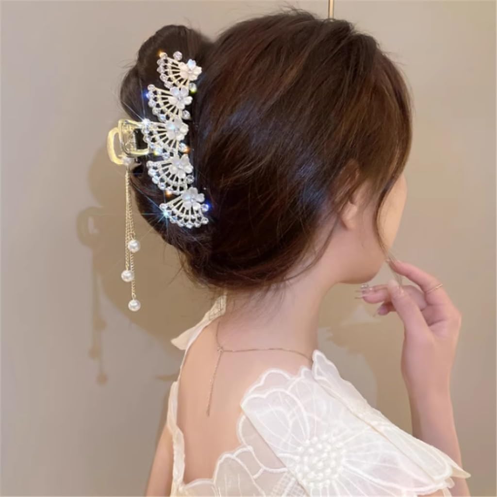 Scalloped flowers with diamonds tassel grab clip back of ancient flash diamond shark clip headwear