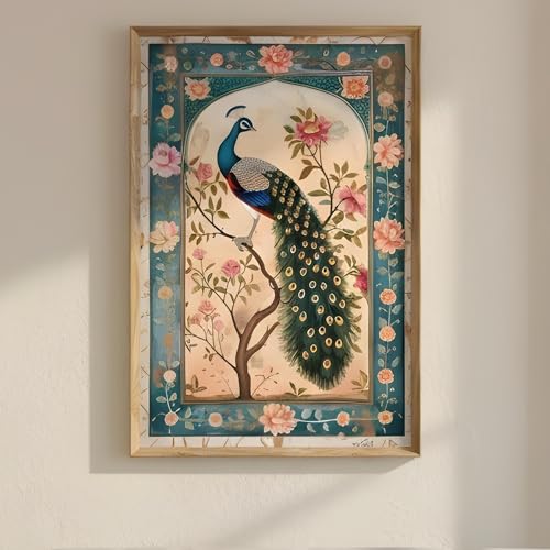 Image of Livin'luxe Vintage Peacock Floral Wall Painting with Wooden Frame | Elegant Bird Artwork HD UV Laminated MDF Wall Decor | Traditional Peacock Art for Living Room Bedroom Home Decoration