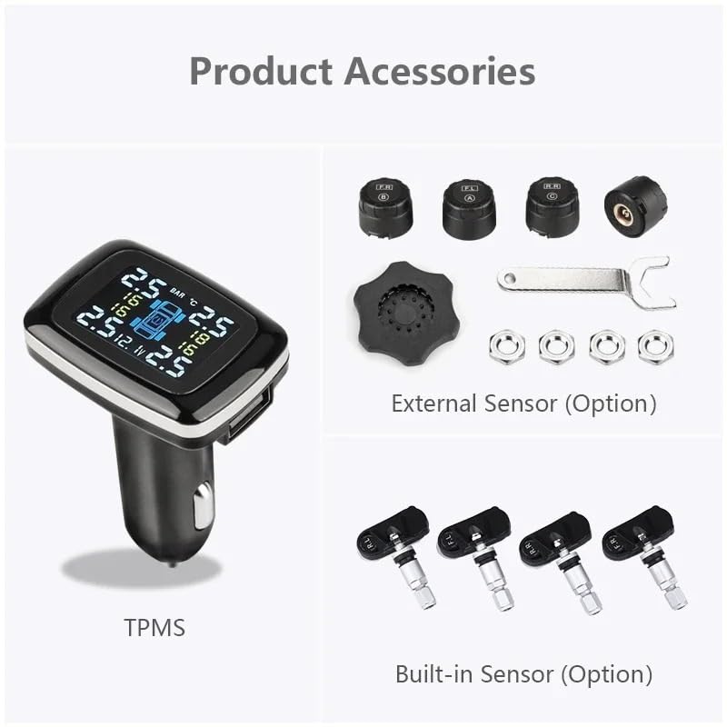 Tpms Sistema di monitoraggio Digitale della Pressione dei Pneumatici for Auto Porta USB Allarme Sicurezza 4 sensori Esterni/Interni Impermeabili IP68(Internal Sensors)