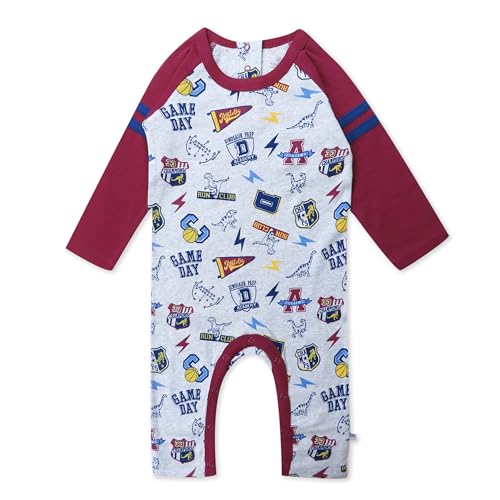 HonestBaby Long Sleeve Raglan Coverall 100% Organic Cotton for Baby Boys, Dino Prep Academy Burgundy, 0-3 Months