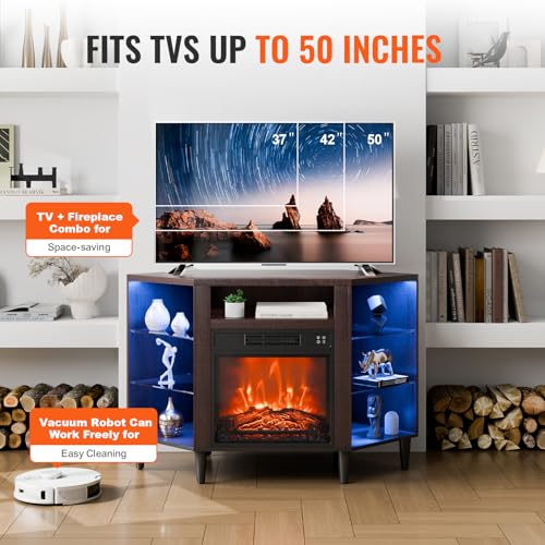 Image of VEVOR Electric Fireplace TV Stand, Corner TV Stand for TVs up to 50 inch, Corner Console with 18 inch Fireplace, Vintage Design, 20 LED Lights, Remote Control & Timer for Living Room, Brown