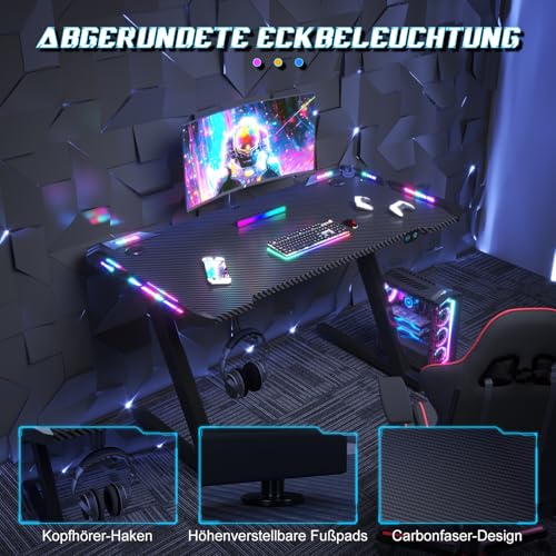 JUMMICO Gaming Tisch mit LED-Beleuchtung, RGB Gaming Tisch, Stabiler Computertisch für Homeoffice und Gamer,Gaming Schreibtisch mit Kopfhörerhalterung und Getränkehalter, 120 x 60 cm, Schwarz – Bild 6