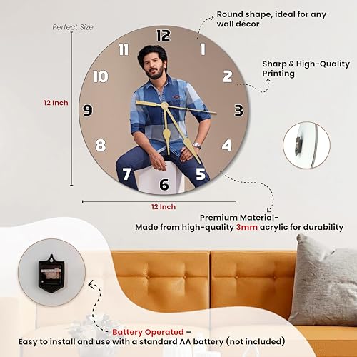 Image of SAVRI Personalized Photo Wall Clock for Him 12x12 Inch -Customized Picture Printed Acrylic Clock | Birthday, Anniversary & Valentine Gift for Boyfriend,Husband,Brother, Son | Modern Room Decor for Men