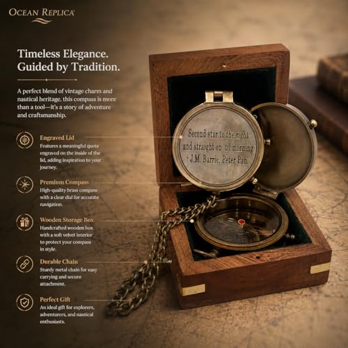 Brújula de latón grabada con estuche de madera miniatura 5