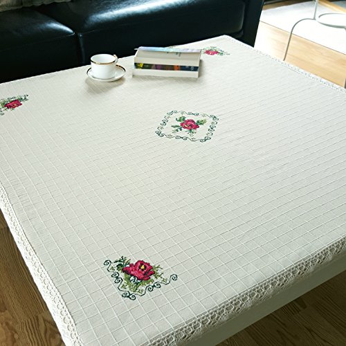 Secret Sea Collection, Antique Series, Handmade Cotton Red Rose Embroidery Small Tablecloth (42" X 42") Washable Rustic Nude Color Needlework Bohem Coffee Tea Patio Side Kitchen End Table Square #TOP1