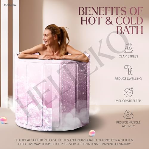 Image of Helteko Bath Tub for Adult for Bathroom, Foldable Tub for Home Use with Drainage Hole, Thickened Insulated Ice Bath Tub, Inflatable BathTub for Adults, Ice BathTub for Adults (White-Pink)
