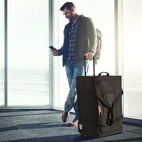 BRUUN Large Size Duffel Bag – Black Colored Dream Rolling Carrier with Garment Rack and Wheels for Travel – Specially Designed for Men and Women to Hang Clothes on Long Journeys