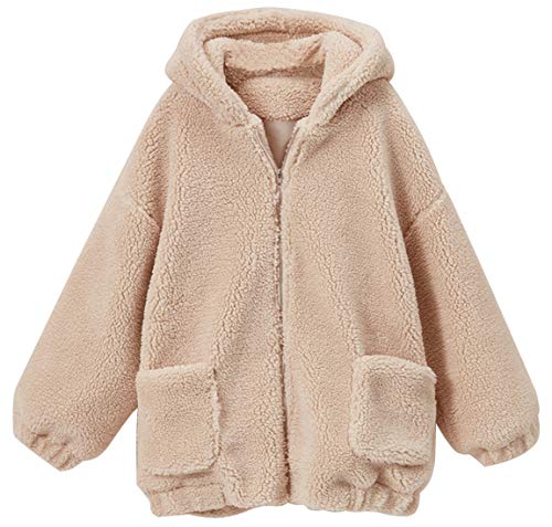 chouyatou Women's Winter Hooded Full Zip Fuzzy Faux Shearling Baggy Oversized Teddy Coat with Pocket (Khaki, Large)