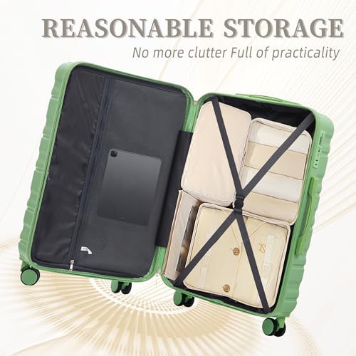 Image of Hardshell Luggage Sets, Lightweight Stripes Suitcases with Spinner Wheels, Green-181