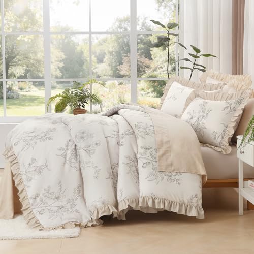 Image of Litanika Beige Brown Full Comforter Sets, 3 Pieces Khaki Ruffle Floral Farmhouse Bedding Comforter Sets, All Season Soft Lightweight Fluffy Microfiber Bed Set(79x90In Comforter, 2 Pillowcases)