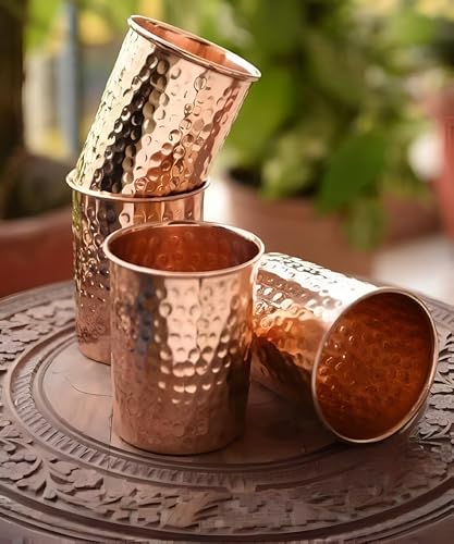 Image of 100% Pure Copper Hammered Tumbler Set of 6 (300ml Each) | Handmade Ayurvedic Copper Water Glasses | Traditional Tamba Drinking Glasses for Home & Kitchen