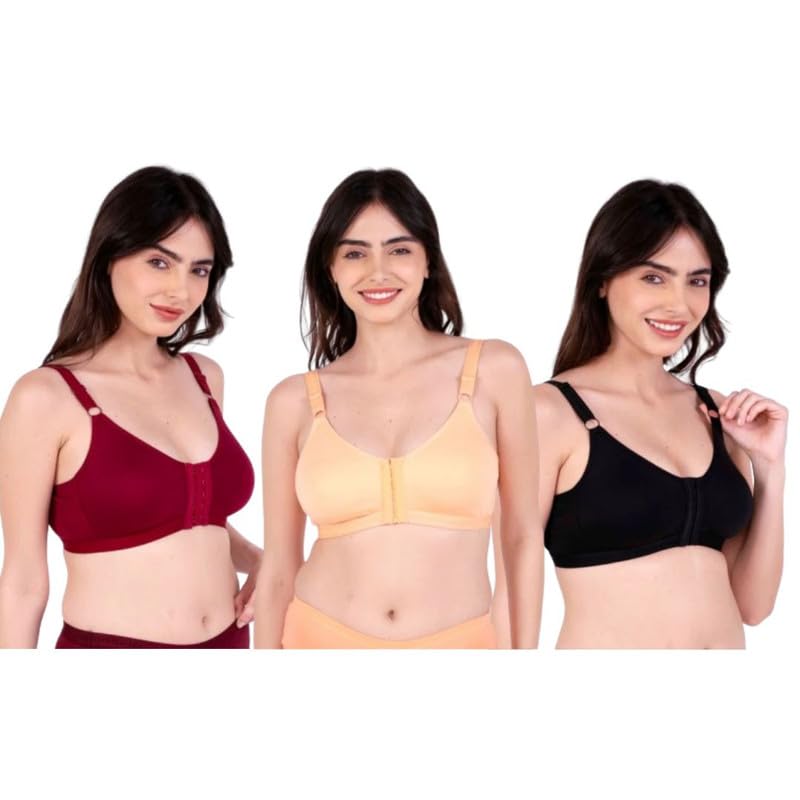 Cotton Front Open Bra for Women Daily Use | Non-Padded, Non-Wired | Sweat Absorbent Seamless Bra | Full Coverage Regular Wear (Pack of 3 Multicolor)-picture-32