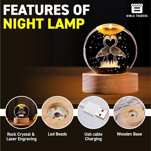 Image of 3D Crystal Flamingo Ball Night Lamp | Glass Ball Night LED Lamp with Wooden Base for Couple, Home, Office, Birthday Gift | Symbol for Love | (Flamingo)