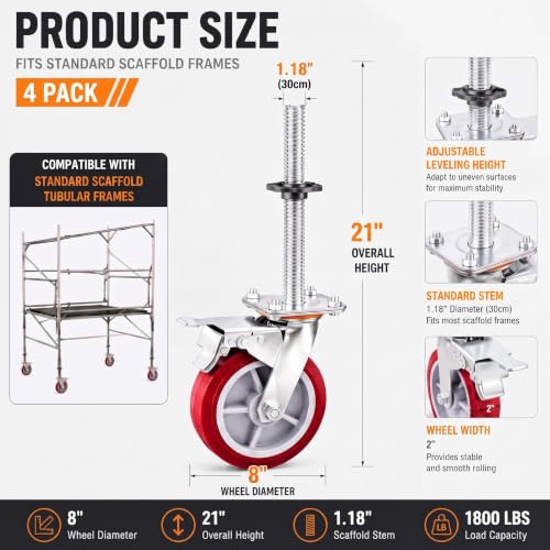 Image of 4 Pack 8 inch Adjustable Leveling Scaffolding Wheels,1-1 /5 inch OD Scaffold Screw | Heavy Duty Scaffold Leveling Jacks with Swivel Casters for Baker Scaffold, Ladder Jacks and Construction Equipment