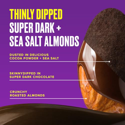 Image of SkinnyDipped Super Dark Chocolate + Sea Salt Almonds, Vegan, Healthy Snack, Plant Protein, Gluten Free, 0.46 oz Mini Bags, Pack of 24 | Crunchy Whole Almonds Thinly Dipped in Chocolate | Vegan | Gluten Free | Plant Protein Snack Packs