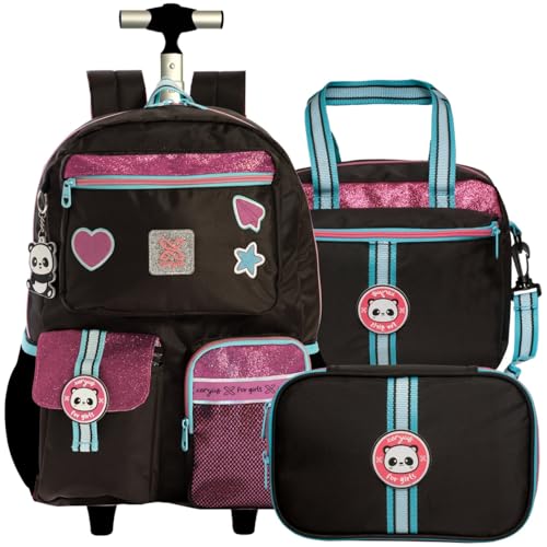 Kit Mochila Rodinhas Glitter Com Lancheira Térmica E Estojo Box Escolar Panda Infantil Juvenil