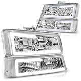 Auto Dynasty 4PCS LED DRL Bumper Headlight Lamps Compatible with Chevy Silverado Avalanche 1500 2500 3500 03-07, Driver and Passenger Side, Chrome Housing Clear Corner