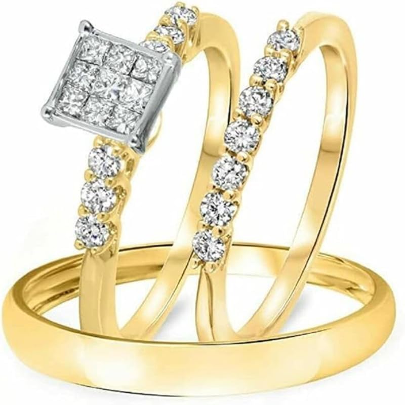 14K Yellow Gold Over Round Cut White Diamond 925 Sterling Silver Wedding Band Engagement Trio Ring Set for His & Her