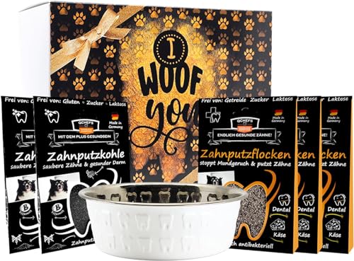 QCHEFS Glückskiste NAPF für Hunde, Schleck Napf + Aufbewahrung Box für Zahnpflege Leckerlie mit Starterset Zahnpflege bei Mundgeruch und als Zahnsteinentferner