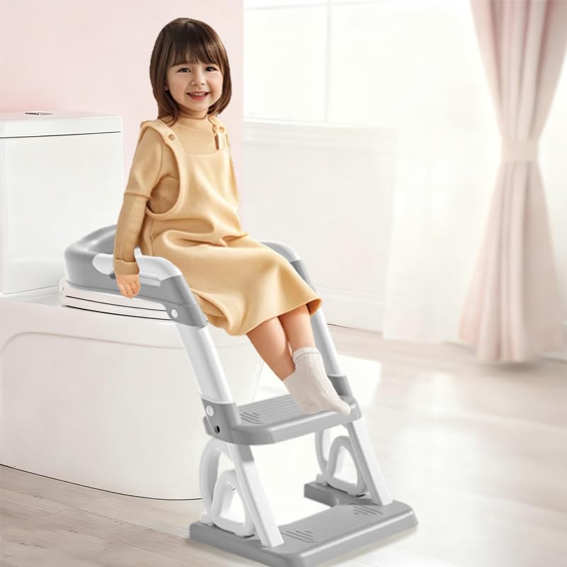 Asiento de inodoro para niños con escalera, entrenador de inodoro 2 en 1 con escalera, altura ajustable, cómodos asientos de inodoro seguros, escalera plegable para niños (gris, 2 en 1,30 x 28 x 49 cm