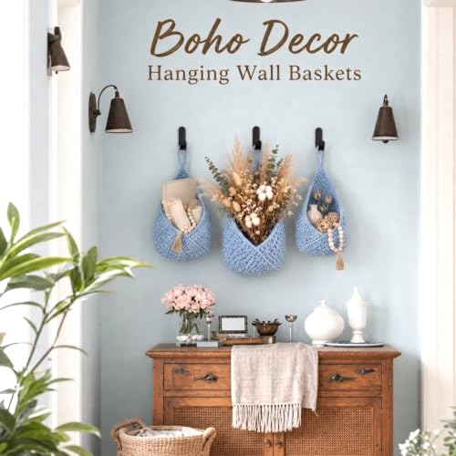 Image of Honeydak 3 Hanging Baskets, Light Blue, Triangle, Cotton Rope