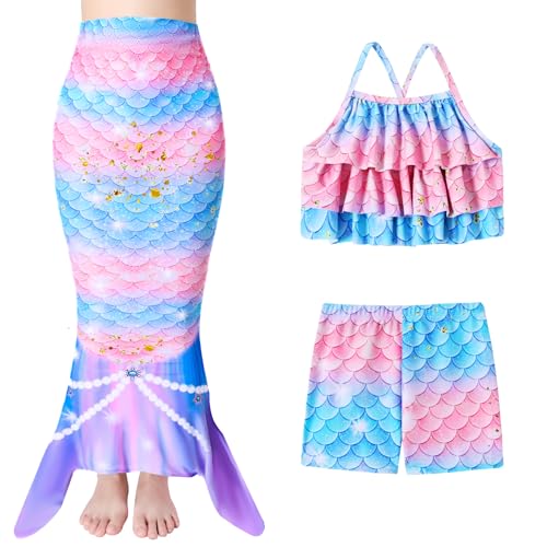Girls Mermaid Bathing Suit 3PCS Cute Ruffle Tankini Swimsuits with Boyshort Fish Tail Kids Beach Swimwear 3-11Y3